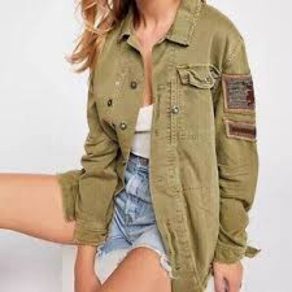 Free People Sz L Embellished Olive Green Military Jacket Coat Bead Arm Patch - Picture 1 of 16